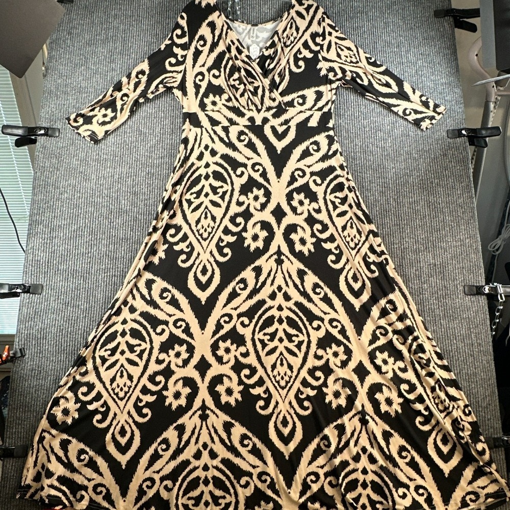 POSESHE Womens XL Black Tan Ikat Damask Print V-Neck Stretchy Maxi Dress 3/4 Slv